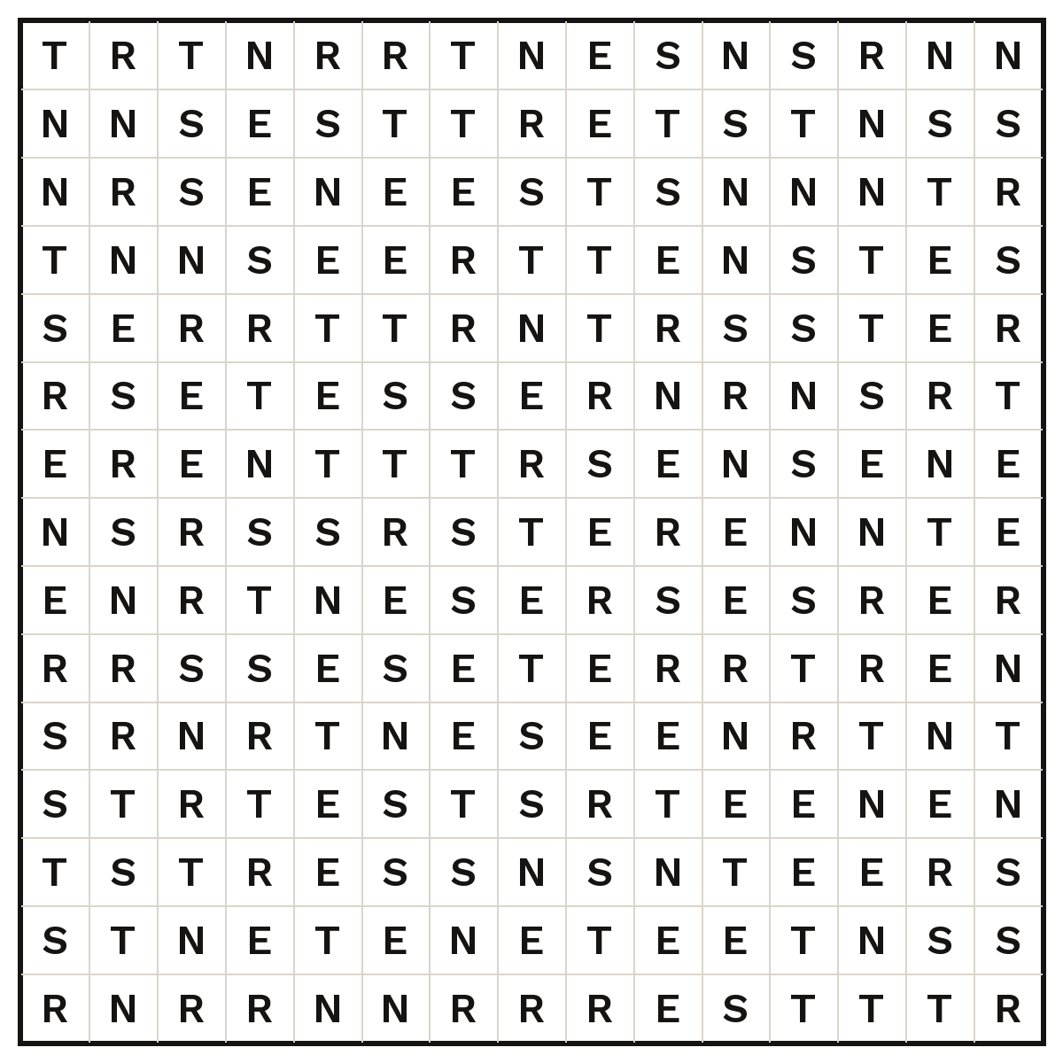 A 15 by 15 wordsearch grid made only of the letters E, N, R, S and T